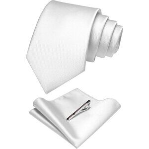 Men's White 2 Colour Formal Necktie and Pocket Square Tie Clip Sets